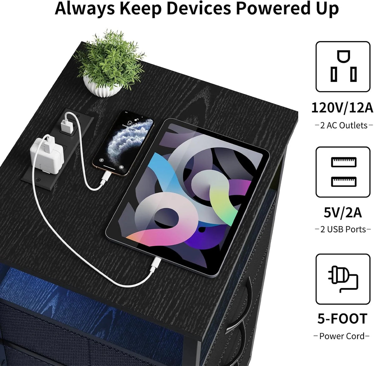 Black Tall Nightstand with Charging Station, 4 Fabric Drawers, RGB LED & Open Shelves