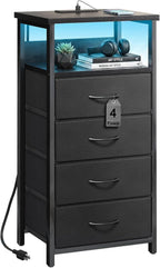 Black Tall Nightstand with Charging Station, 4 Fabric Drawers, RGB LED & Open Shelves