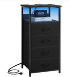 Black Tall Nightstand with Charging Station, 4 Fabric Drawers, RGB LED & Open Shelves