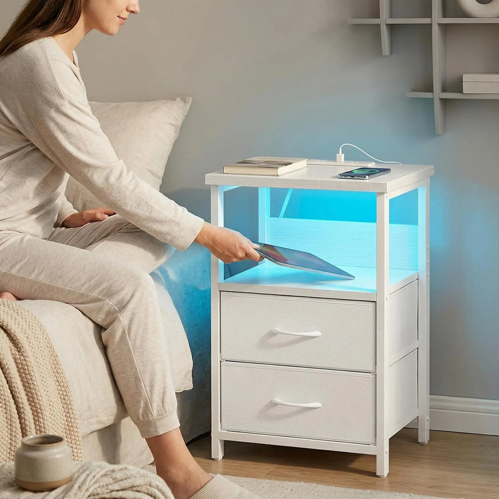 White LED Nightstand with Charging Station, 2 Fabric Drawers & Open Shelf
