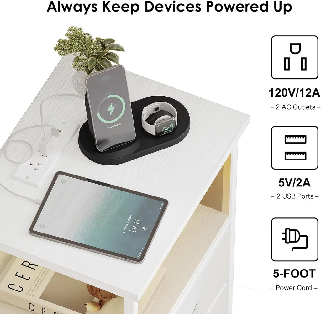 White LED Nightstand with Charging Station, 2 Fabric Drawers & Open Shelf