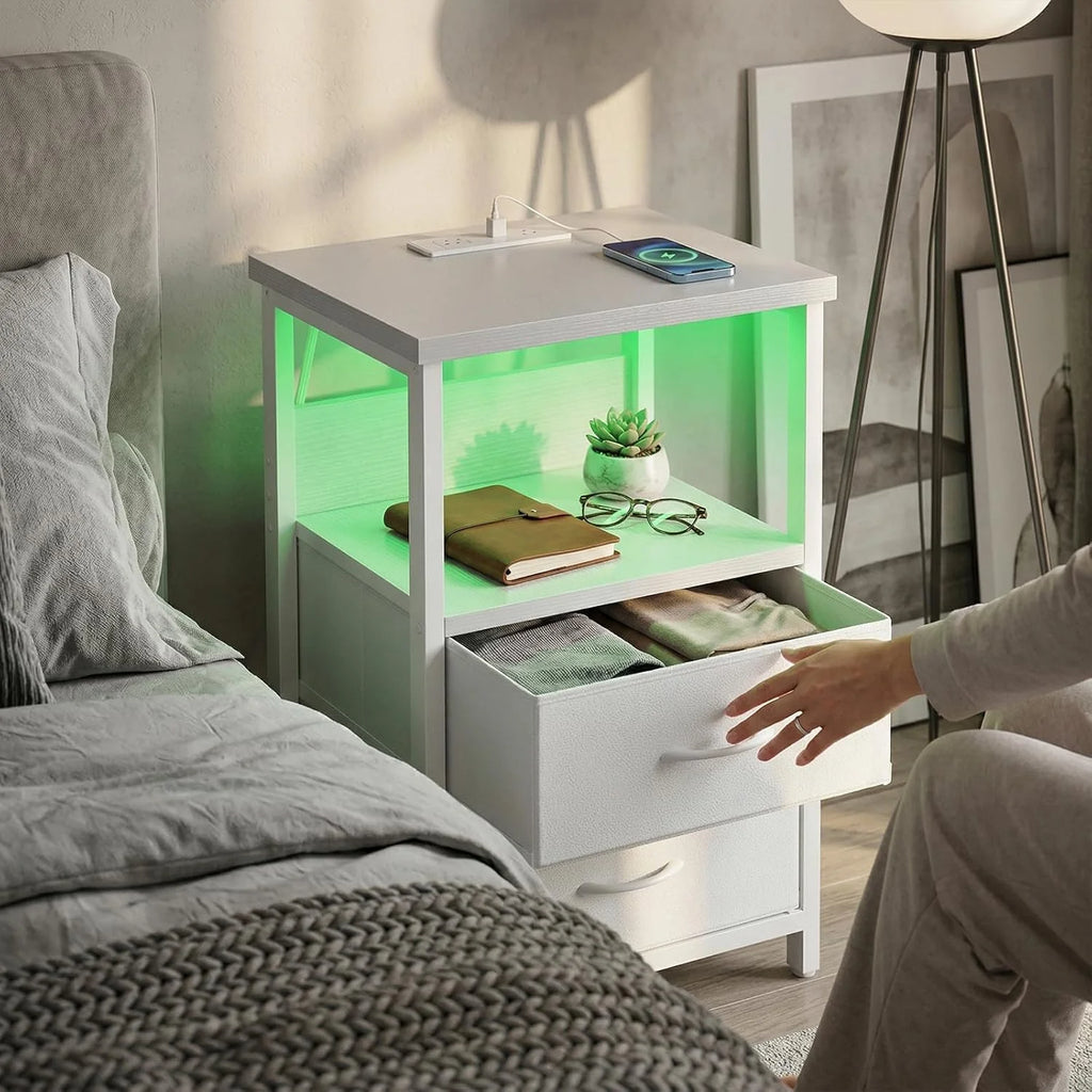 White LED Nightstand with Charging Station, 2 Fabric Drawers & Open Shelf