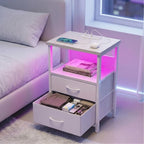 White LED Nightstand with Charging Station, 2 Fabric Drawers & Open Shelf