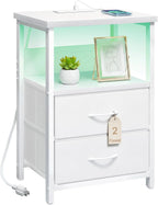 White LED Nightstand with Charging Station, 2 Fabric Drawers & Open Shelf