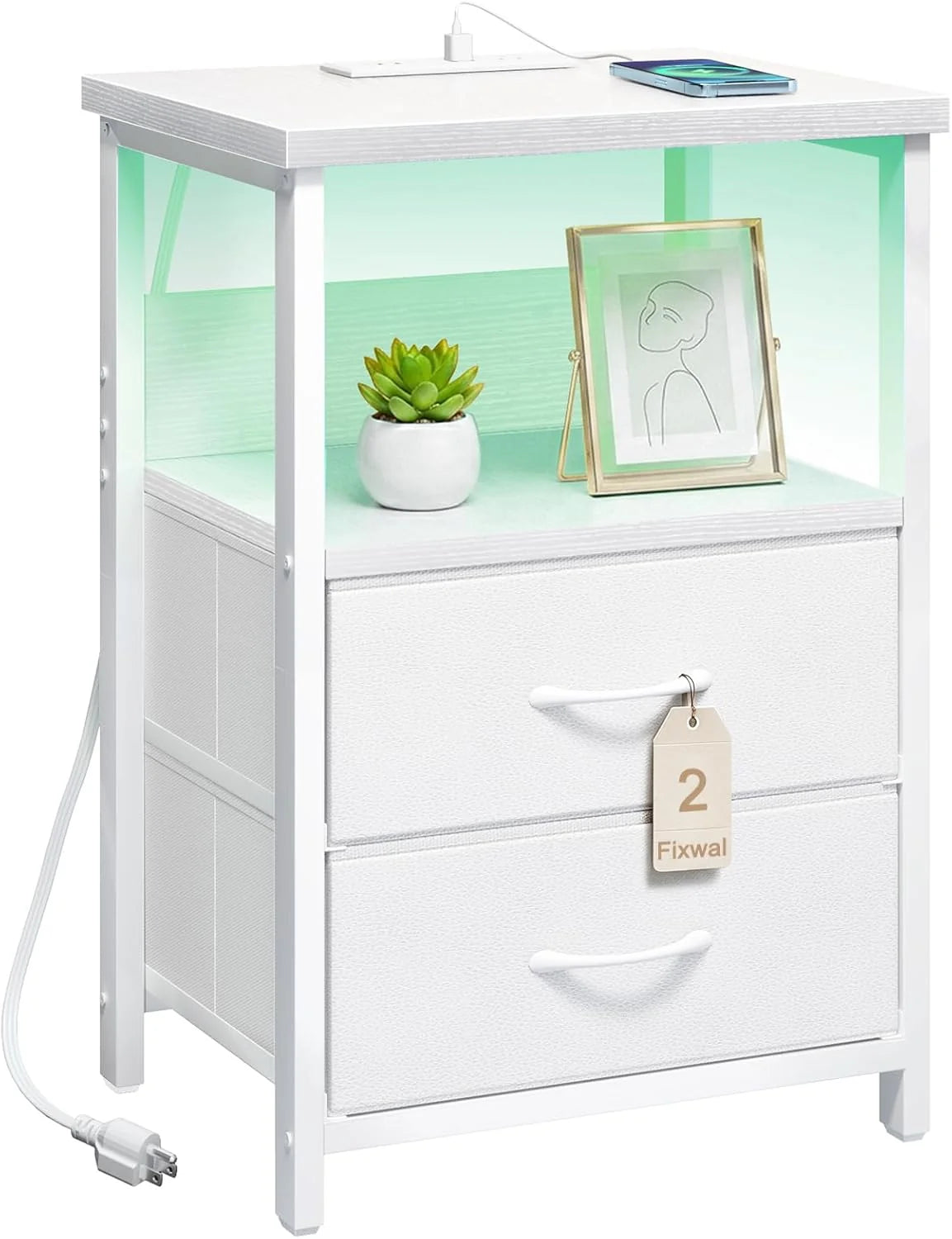 White LED Nightstand with Charging Station, 2 Fabric Drawers & Open Shelf