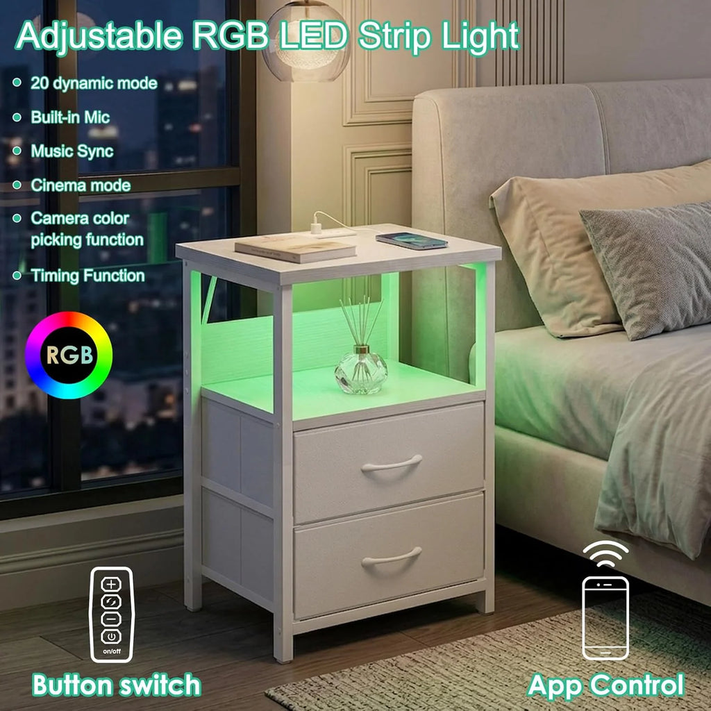 White LED Nightstand with Charging Station, 2 Fabric Drawers & Open Shelf