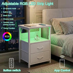 White LED Nightstand with Charging Station, 2 Fabric Drawers & Open Shelf
