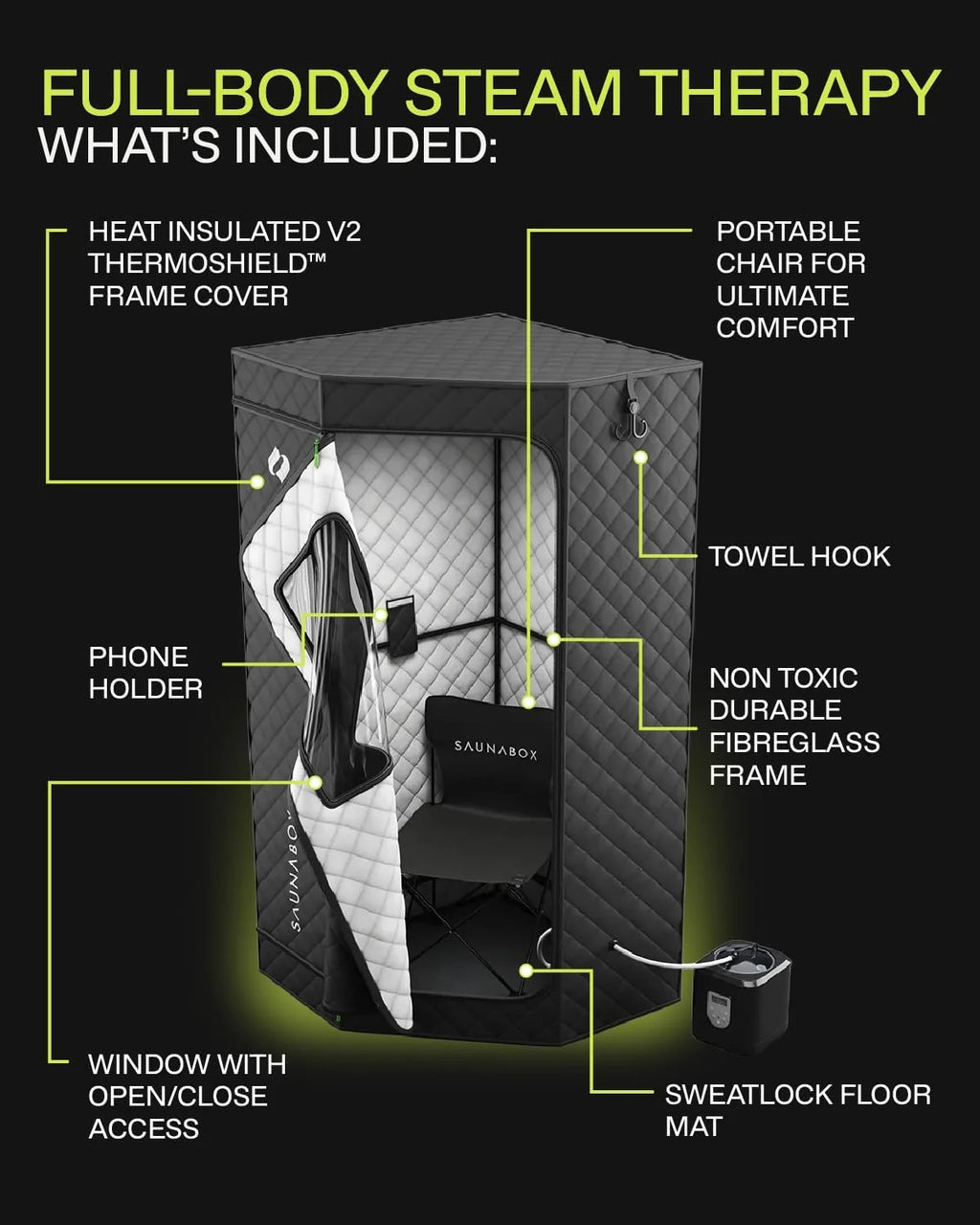 SAUNABOX Personal Steam Sauna Tent With Chair Mat And Case - SmartSteam Kit Pro