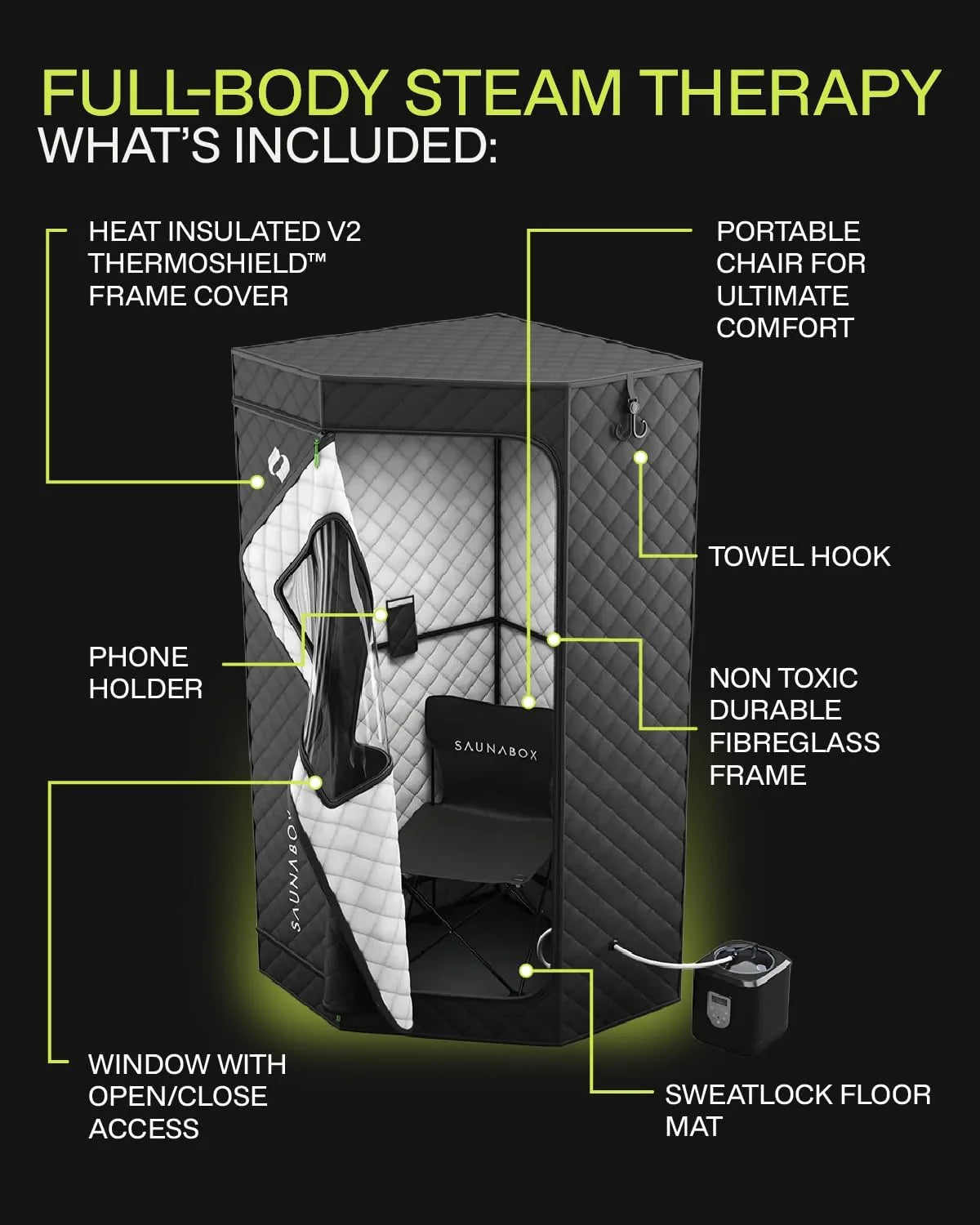 SAUNABOX Personal Steam Sauna Tent With Chair Mat And Case - SmartSteam Kit Pro