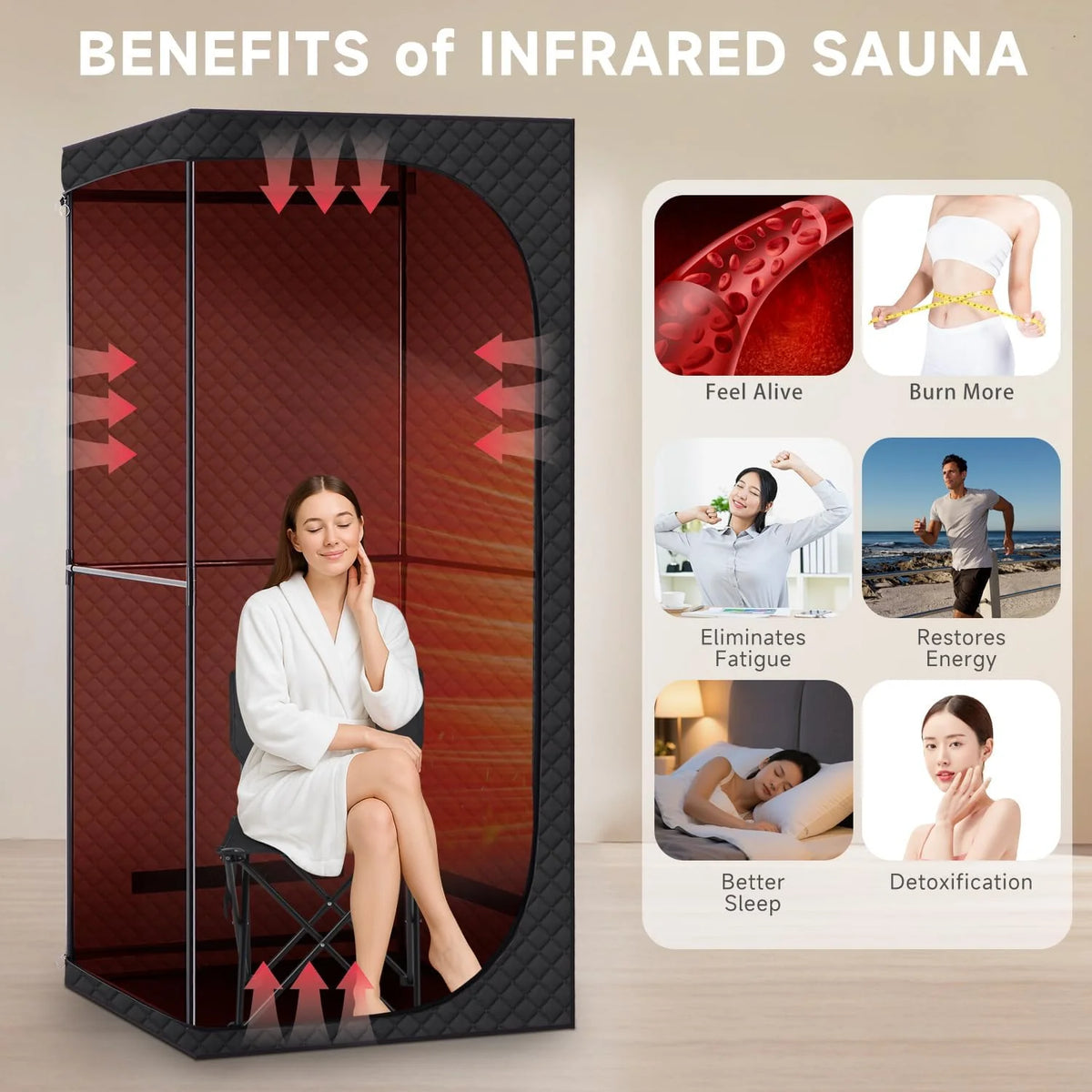 Portable Far Infrared Dry Sauna Box With Red Light Therapy, 9 Levels, 5.9ft x 2.9ft x 2.6ft