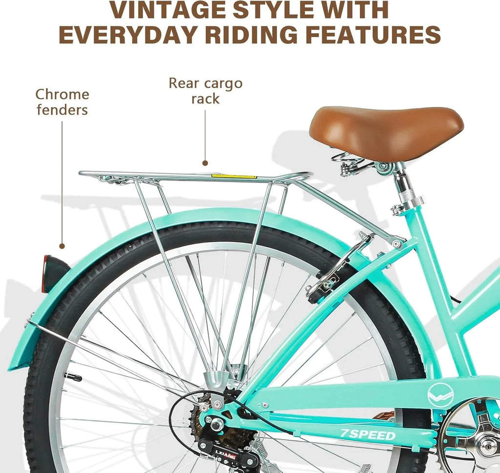 WEIZE Beach Cruiser Bike, 26 inch Commuter Bicycle for Adult Men and Women, 7-Speed/High-Carbon Steel/Front & Rear Fenders, Comfortable City Bikes with Rear Rack or Basket, Ergonomic Upright Design