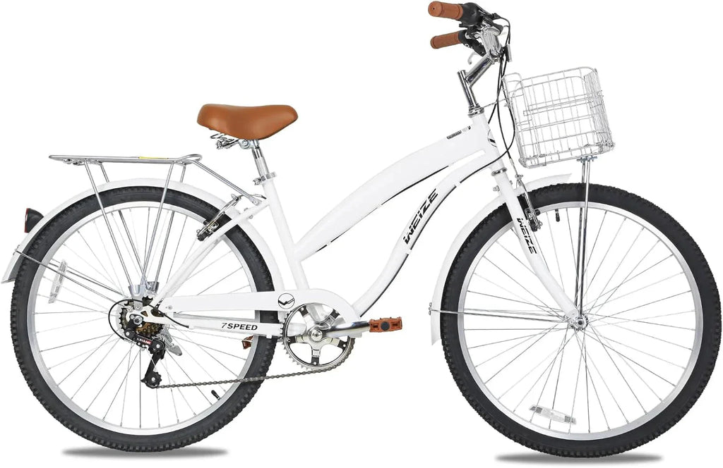 WEIZE Beach Cruiser Bike, 26 inch Commuter Bicycle for Adult Men and Women, 7-Speed/High-Carbon Steel/Front & Rear Fenders, Comfortable City Bikes with Rear Rack or Basket, Ergonomic Upright Design