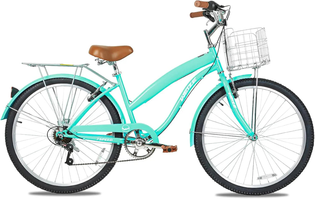 WEIZE Beach Cruiser Bike, 26 inch Commuter Bicycle for Adult Men and Women, 7-Speed/High-Carbon Steel/Front & Rear Fenders, Comfortable City Bikes with Rear Rack or Basket, Ergonomic Upright Design