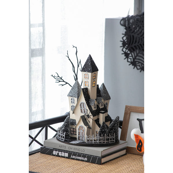 10X8.3X13.5" Cardboard Lighted Haunted House, Black Beige Tabletop Holiday Halloween Decor, Battery Powered