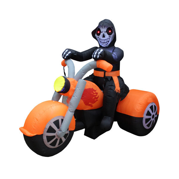 6 Foot Long Lighted Happy Halloween Inflatable Skeleton Ghost Riding on Motorcycle Bike Indoor / Outdoor Holiday Blow Up Yard Decoration