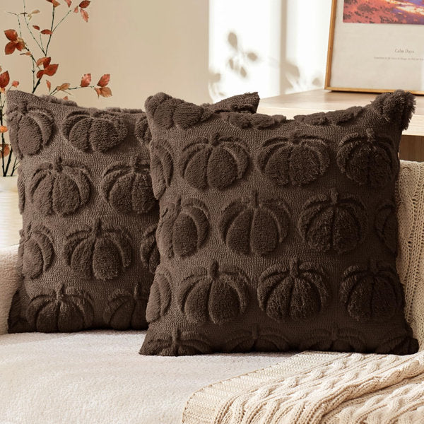 Fall Pillow Covers Pumpkin Fall Decor 18x18 Reddish Brown Set of 2 Fall Decorations for Home, Plush Faux Fur Farmhouse Accent Pillowcases, Porch Sofa Couch Cushion Bed Livingroom