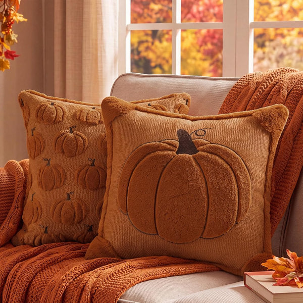 Fall Throw Pillow Covers 18x18 Set of 2 Reversible Rust Pumpkin Plush 3D Embroidery Pumpkin Covers, ideal for couch, sofa, autumn boho farmhouse accent; Perfect & Thanksgiving gift