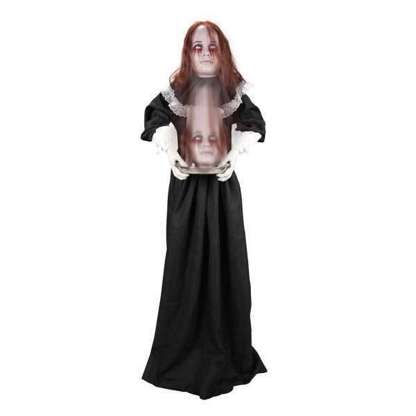 Haunted Hill Farm 5.3 ft Standing Animated Creepy Lady Holding Plate Halloween Animatronic with Head Dropping