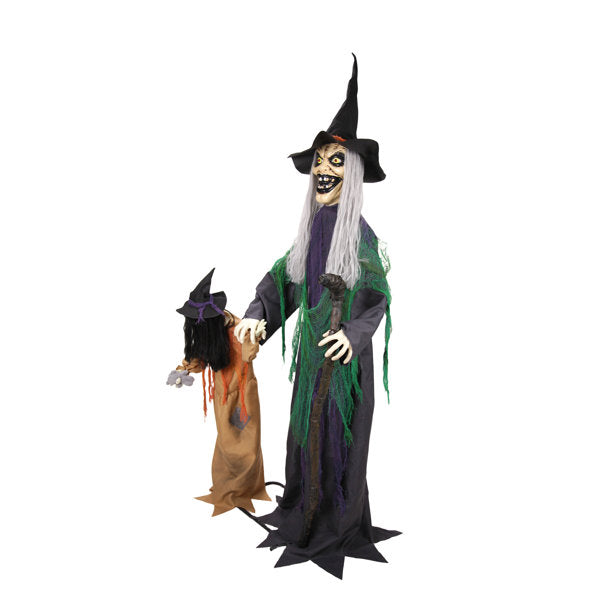 Haunted Hill Farm 5.5 ft Standing Witch with a Creepy Girl Halloween Animatronic with Moving Head and Red LED Eyes