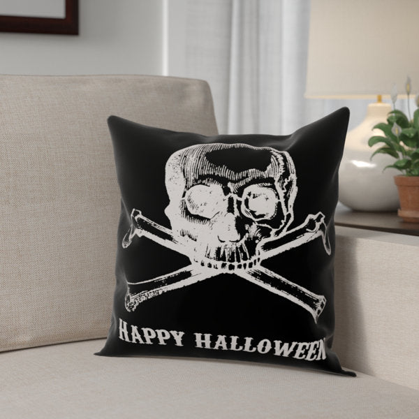 Skull and Crossbones Happy Halloween Outdoor Reversible Throw Pillow