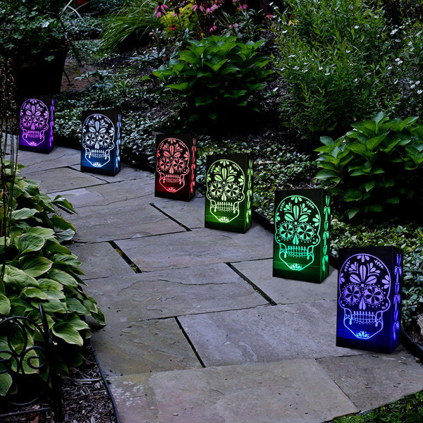 Battery-Operated Luminaria Kit, Color Changing Sugar Skull - Set of 6
