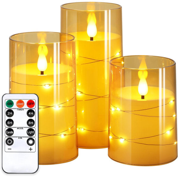 Flameless Candles With Remote Timers: Built-In Star String Lights 3D Wick Battery Operated Flickering LED Candle Electric Candles For Halloween Pumpkin Lanterns Fall Decoration Orange 3 Pack