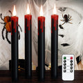 Halloween Black Taper Flameless Candles Battery Operated With Remote Timer, 4 Pcs Drip Wax Flameless LED Candle Sticks With 3D Flickering Flame For Window Fireplace Decor (0.78 X 8.9 Inches)
