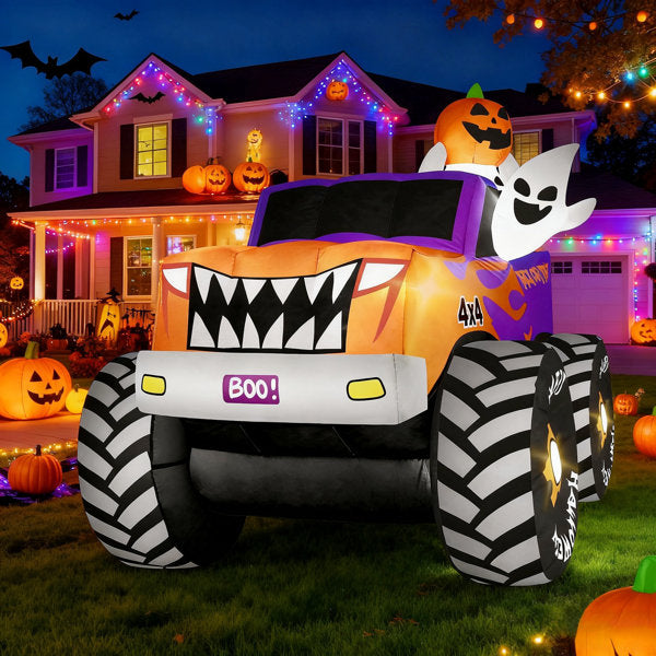 8FT Long Halloween Inflatables Decoration - Outdoor Monster Truck With Ghosts & Pumpkin, Giant Blow - Up Yard Decorations, Built-In LED Lights And Strong Blower For Festival
