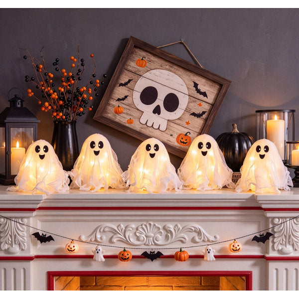 5.5 Inch Spooky Ghosts with String Lights - LED Halloween Ghost Tabletop Decor for Mantel Fireplace Shelf, Indoor Party Decor