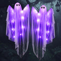 47” Halloween Hanging Light Up Ghost Decoration (2 Pcs) - Purple LED White Ghost For Haunted House Prop, Outdoor Front Yard Patio Garden Party Decor