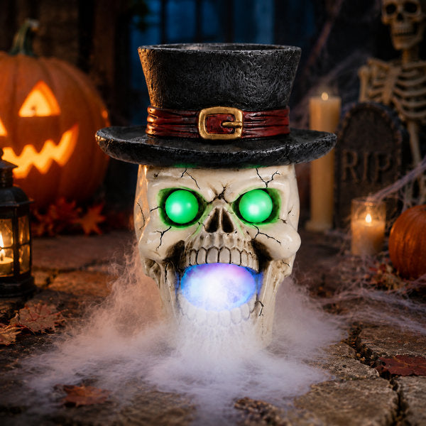 Glowing Halloween Skull Decor, LED Resin Top Hat Statue for Indoor Outdoor Tabletop Porch Party
