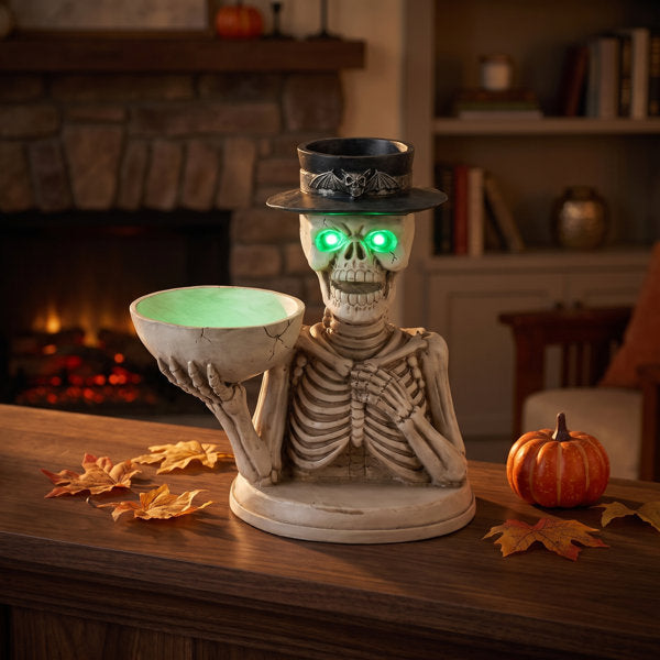 Halloween Skeleton Figurine with Storage Bowl & Candle Holder