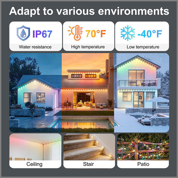 Outdoor Light,50ft with 30 LED Eaves Lights,Smart RGB Outdoor Lights with 75 Scene Modes,IP67 Waterproof,for Halloween Decorations,Christmas,Holiday,Party,with App and Remote