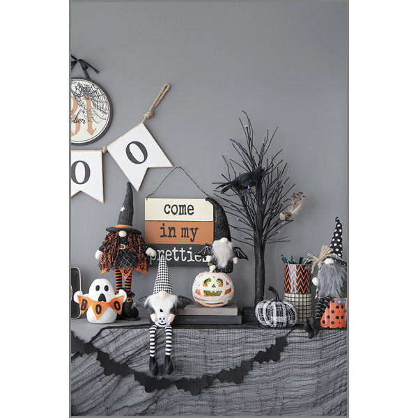 Set of 2, 4.3x3.5x23.5" Fabric Sitting Black Gnome With Wings & Black-White Plaid Hat, for Halloween Decor