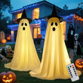 2 Pack Ghost Halloween Decorations Outdoor 88" with Witch Hat, LED Light-Up Fabric Ghosts, Remote Control, Water Bladder Stability Base for Yard, Porch, Garden Decor