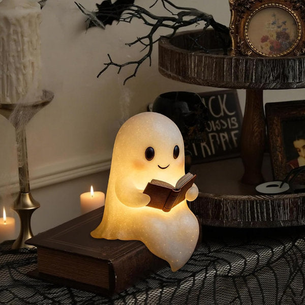 6 Inch Cute Ghost Reading Book Lamp – Battery-Powered Warm Light Night Light Statue, Resin Halloween Figurine for Shelf, Table, Mantel, Bedroom Decor, Cozy Glow , Fun Holiday Gift