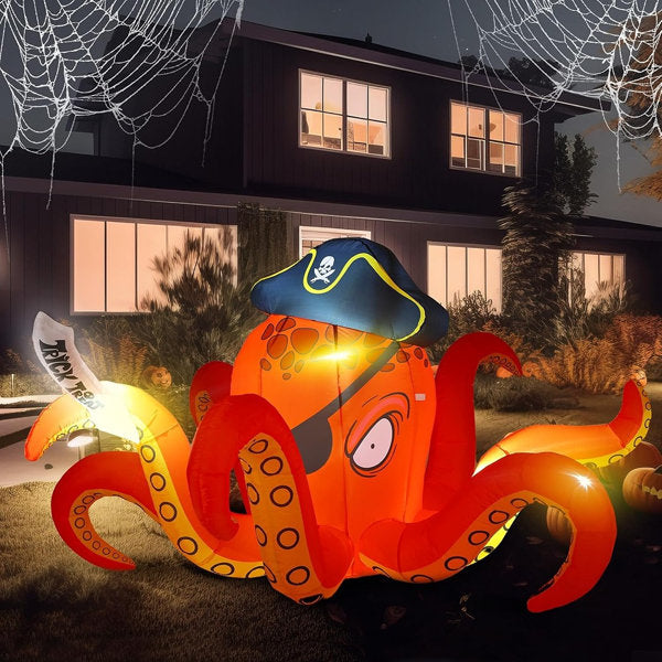 Giant Orange Pirate Octopus Halloween Inflatable with LED Lights, Blow-Up Outdoor Decoration for Lawn, Garden, Yard, Patio, Indoor Parties and Halloween Events