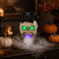 Halloween Skull Decor with Black Cat, Fog Effect and LED Lights, Resin Decor