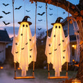 set of 2 5.9FT Hanging Ghost Halloween Decoration with Remote-Controlled LED Lights – 8 Lighting Modes & 6-Hour Timer, Weather-Resistant Tulle Ghost with Witch Hat & Creepy Stickers for Porch, Yard, Garden & Tree Display