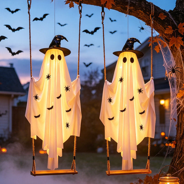 set of 2 5.9FT Hanging Ghost Halloween Decoration with Remote-Controlled LED Lights – 8 Lighting Modes & 6-Hour Timer, Weather-Resistant Tulle Ghost with Witch Hat & Creepy Stickers for Porch, Yard, Garden & Tree Display