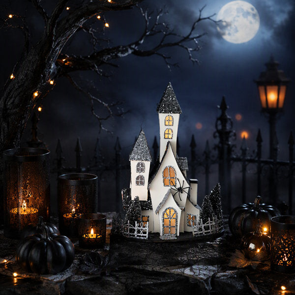 Cardboard Lighted Haunted House, Black Beige Tabletop holiday halloween decor, Battery Powered