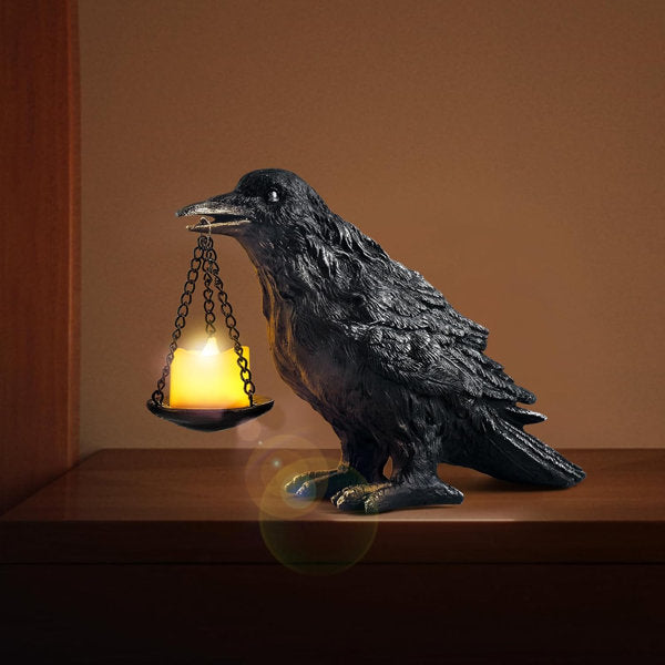 Gothic Crow Lamp with Tealight Candle Holder Resin Raven Decor Statue Gothic Home Decor for Bedroom Unique Goth Gifts Wearing Silver