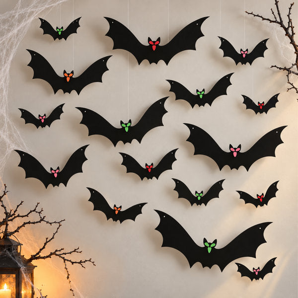 18-Piece Halloween Hanging Bat Decorations, 13" Black Plastic Bats for Outdoor Yard, Porch and Window