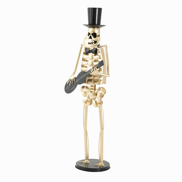 Metal Skeleton Musician Statue, 64.6 Inch Standing Guitar Player Skeleton with Top Hat & Bow Tie, Large Metal Halloween Skeleton Decorations for Indoor, Outdoor Yard & Party Display