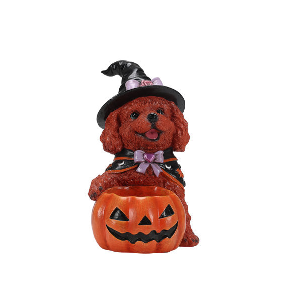Cute French Bulldog Witch Puppy Figurine, Halloween Pumpkin Candy Bowl Entryway Decor