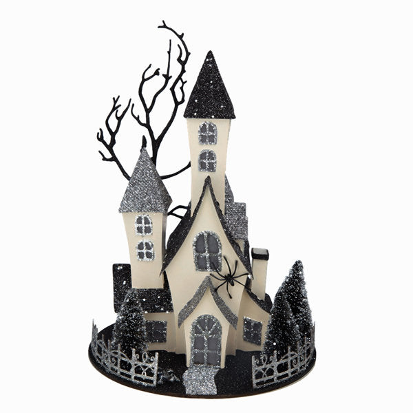 10x8.3x13.5" Cardboard Lighted Haunted House, Black Beige Tabletop holiday halloween decor, Battery Powered