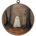 Halloween Ghost Framed Wall Art, Spooky Ghost Aesthetic Round Wall Art, Rustic Fall Forest Round Walls Decor, Farmhouse Gothic Circle Canvas Artwork Hanging Decor, 10x10in