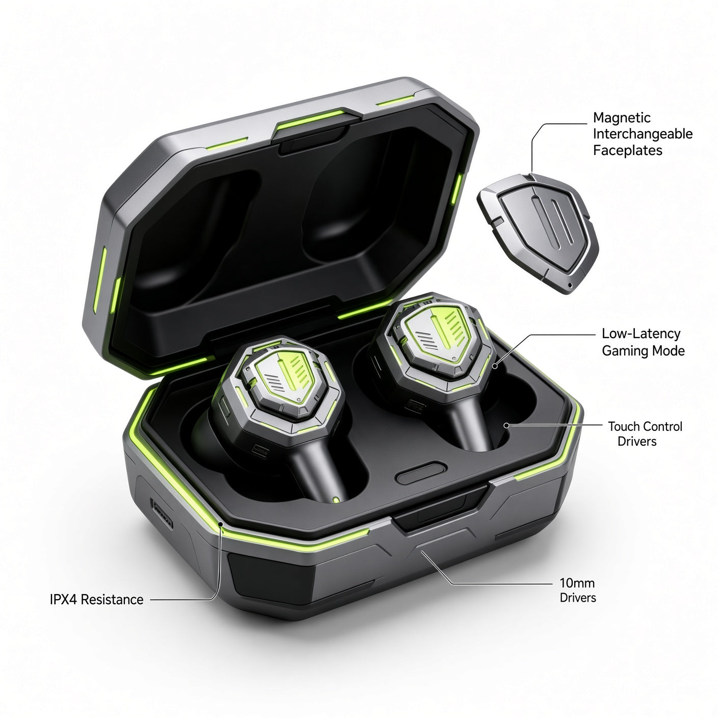Mecha Shield Gaming TWS Earbuds with Magnetic Interchangeable Faceplates