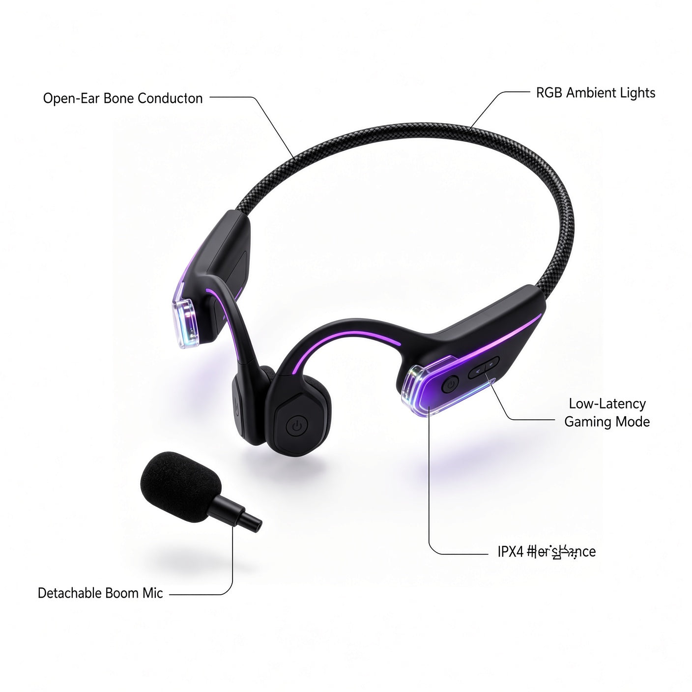 Open Ear Bone Conduction Gaming Headset with Detachable Boom Mic
