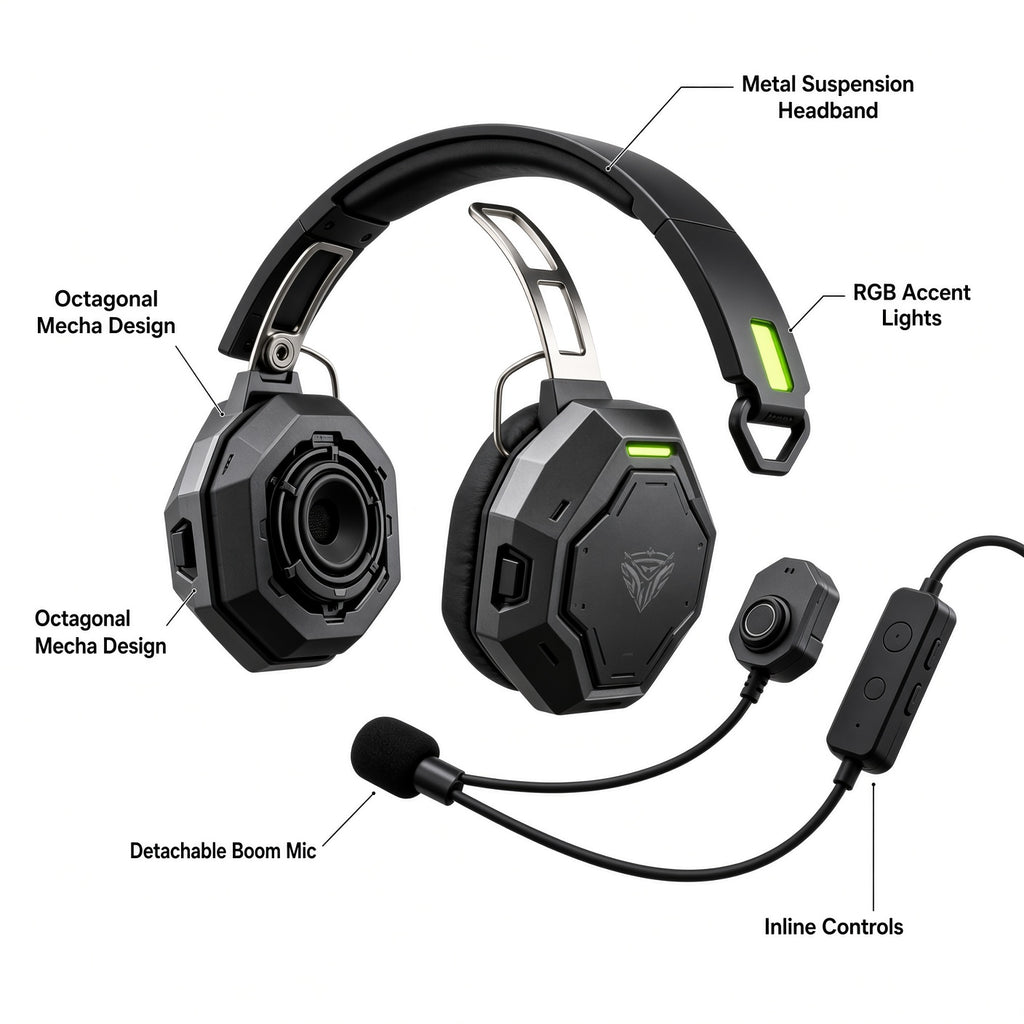 Octagonal Mecha Wired Over-Ear Gaming Headset with Detachable Boom Mic